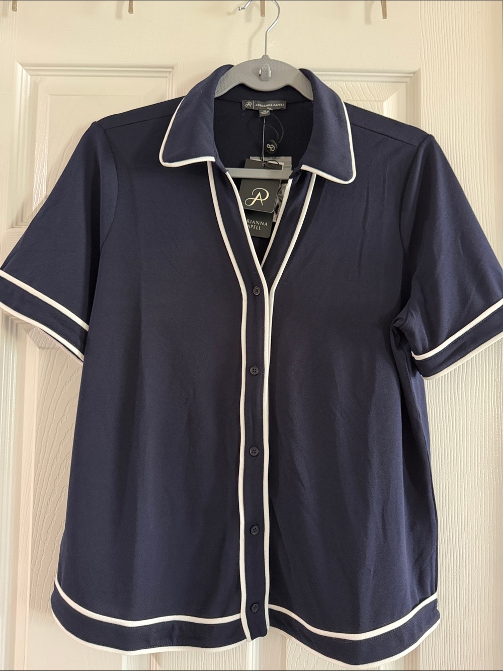 Adrianna Papell Women’s Navy Short Sleeve Button-Down with White Piping